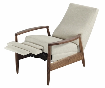 ASTON RECLINER BEIGE FABRIC WITH WALNUT FRAME IN RECLING POSITION